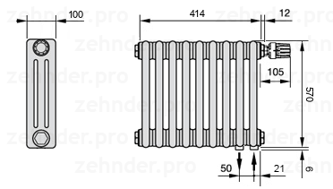 Схема (чертеж) Радиатор Zehnder Charleston 3057/9 №V002 Technoline TL